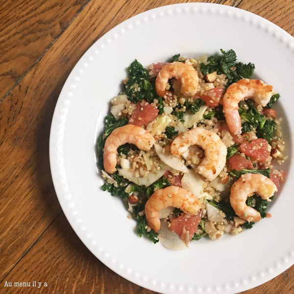 [Recette] Salade chou kale, boulghour/quinoa, crevettes